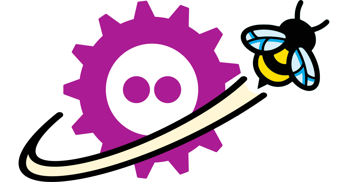 eBPF's logo, a stylised bee, flies around FOSDEM's logo, a pink gear.