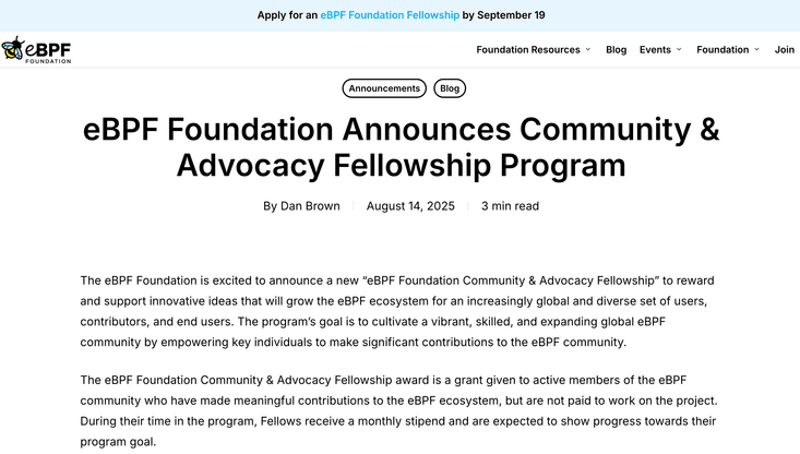 eBPF Foundation Announces Community & Advocacy Fellowship Program